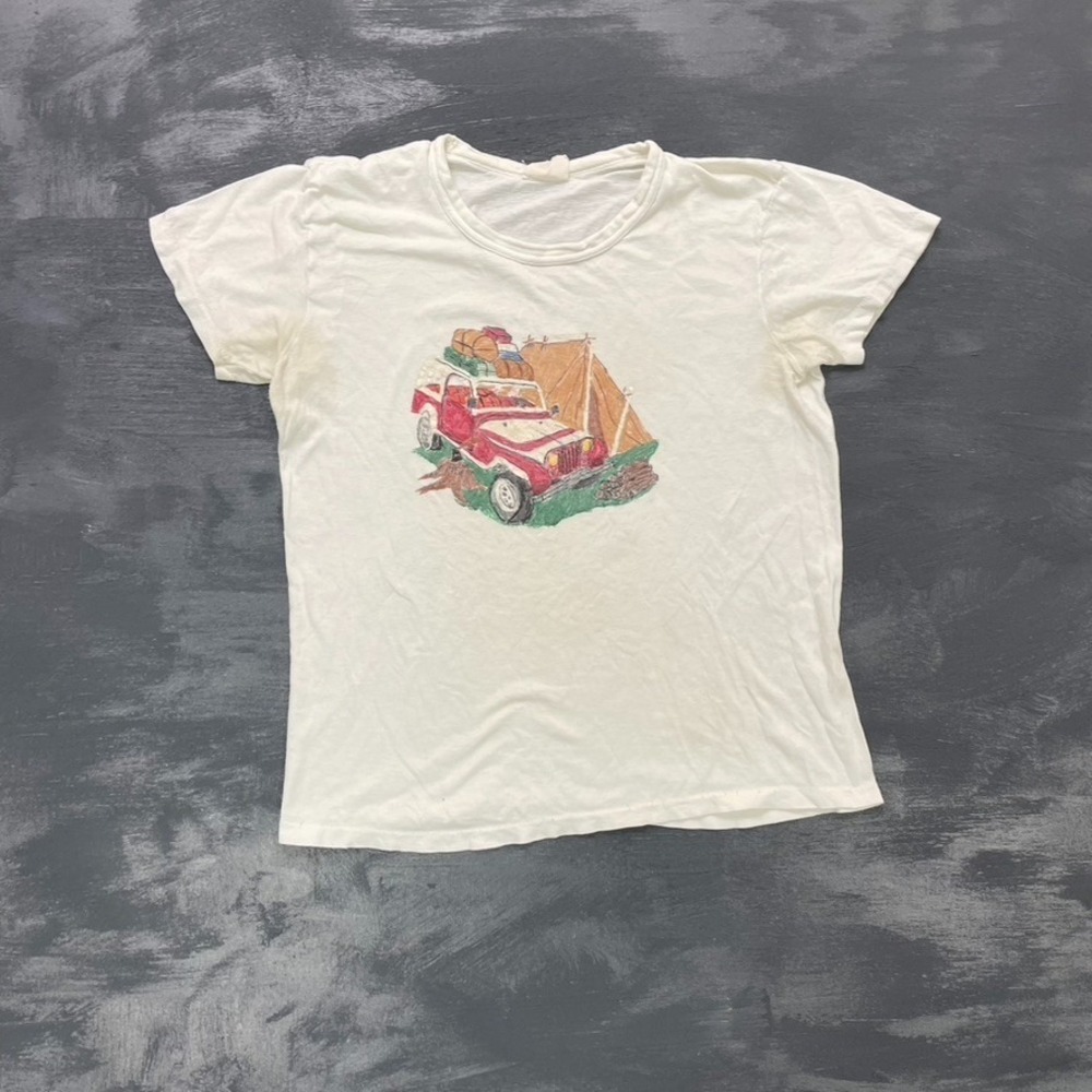 Vintage Camping Drawn art shirt mens small white 1990s single stitch SUV tent